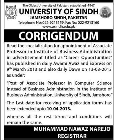 Corrigendum: University of Sindh Jamshoro Jobs 2013 for Faculty