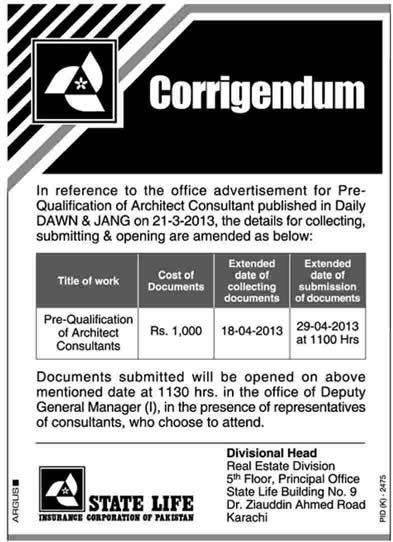 Corrigendum: State Life Insurance Corporation of Pakistan Jobs for Architect Consultants - New Dates