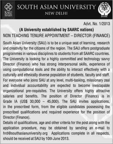 Director Finance Vacancy at South Asian University New Delhi 2013 SAARC
