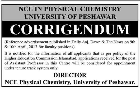 Corrigendum: University of Peshawar Jobs 2013 for Teaching Faculty
