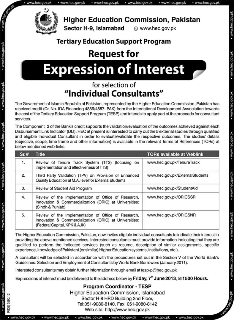 Higher Education Commission Pakistan Jobs 2013 May for Individual Consultants - Expression of Interest