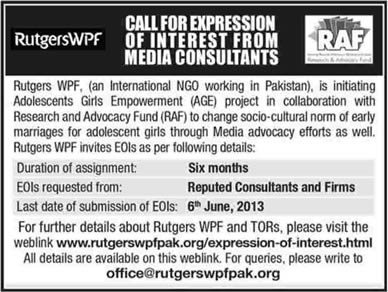 Media Consultant Jobs at Rutgers WPF Pakistan 2013 (INGO) for Adolescents Girls Empowerment (AGE) Project