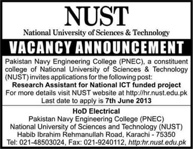 Research Assistant Jobs in Karachi 2013 June at Pakistan Navy Engineering College (PNEC) NUST