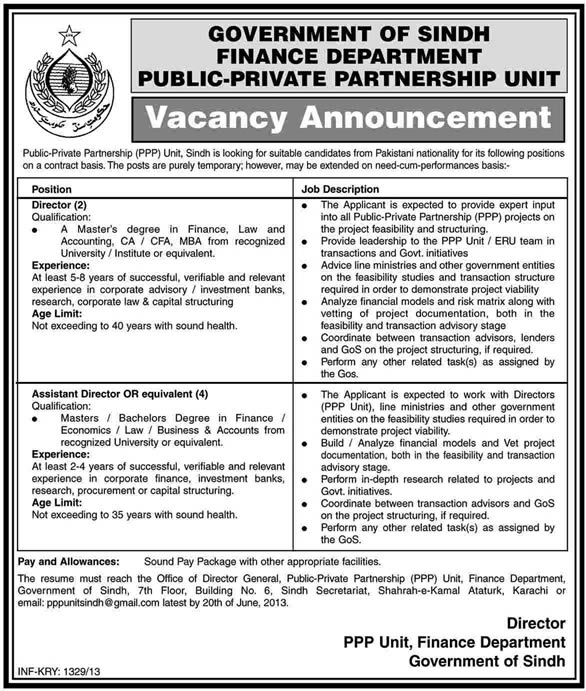 Director & Assistant Director Jobs in Karachi 2013 June at PPP Unit Finance Department Sindh Government
