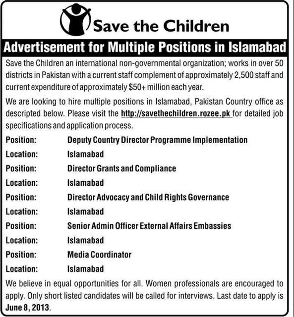 NGO Jobs in Islamabad June 2013 at Save the Children Pakistan