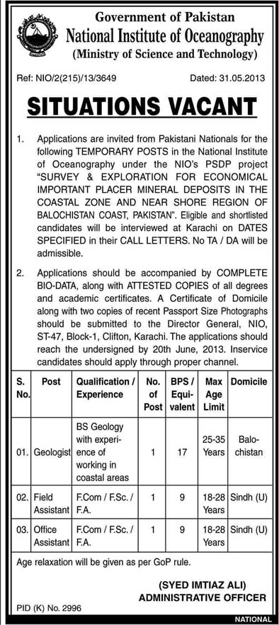 National Institute of Oceanography (NIO) Karachi Jobs 2013 Geologist, Field Assistant, Office Assistant
