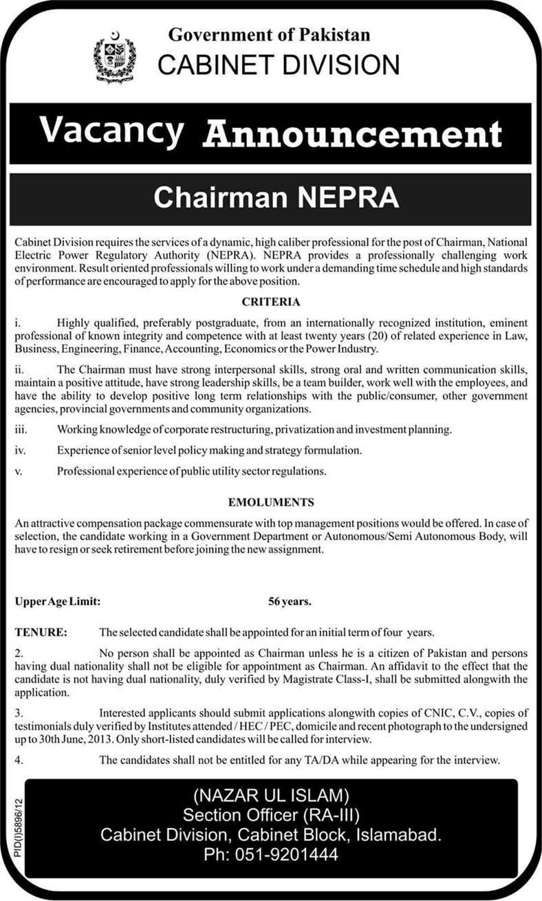 Chairman NEPRA Job 2013 June by Cabinet Division Government of Pakistan