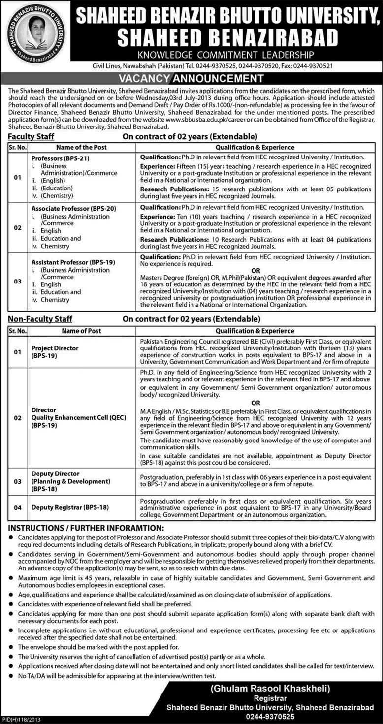 Shaheed Benazir Bhutto University Shaheed Benazirabad Jobs 2013 June Nawabshah Application Form Download