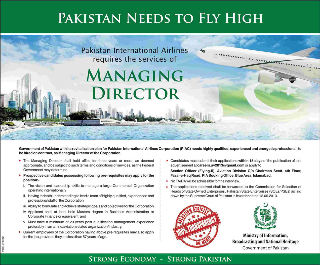 Pakistan International Airlines Job for Managing Director 2013 June Latest Advertisement