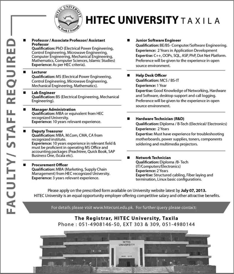Jobs in HITEC University Taxila Cantt 2013 June / July for Teaching Faculty & Non-Teaching Staff