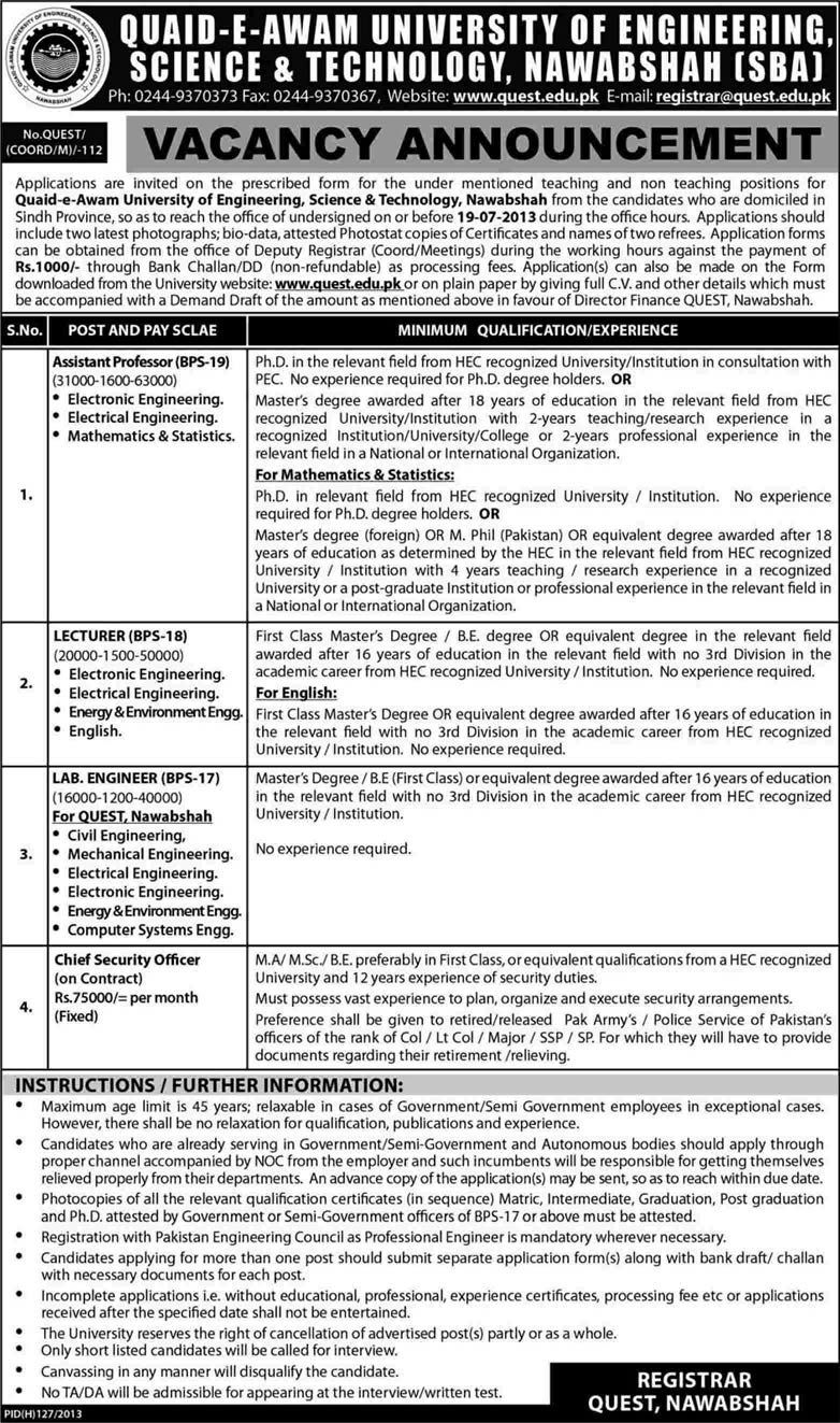 QUEST Nawabshah Jobs 2013-July-01 Faculty (Assistant Professors / Lecturers), Lab Engineers & Security Officer
