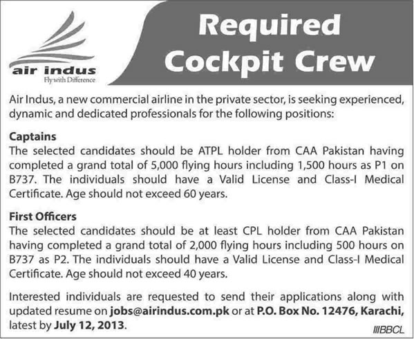 Air Indus Jobs 2013 for Cockpit Crew in Karachi Pakistan