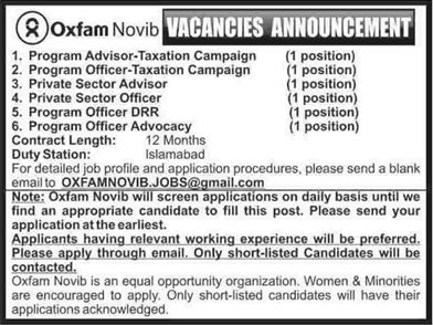 Oxfam Novib Jobs in Pakistan 2013 August Islamabad Latest Advertisement