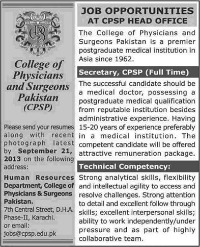 College of Physicians and Surgeons Pakistan Jobs 2013 August in Karachi for Secretary CPSP