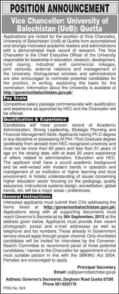 Vice Chancellor Jobs 2013 in Pakistan Latest at University of Balochistan (UoB) Quetta