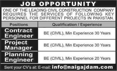Civil Engineering Jobs in Pakistan September 2013 Project Manager, Contract / Planning Engineers Latest