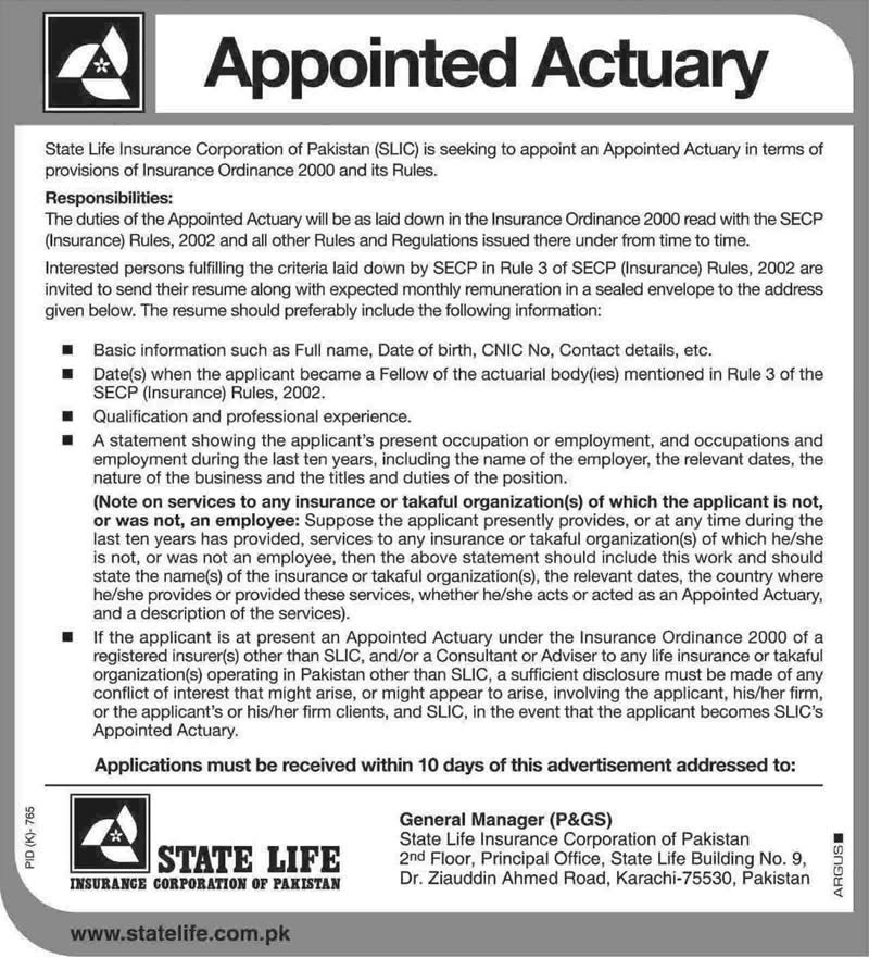 Appointed Actuary Jobs in State Life Insurance Corporation of Pakistan 2013 October