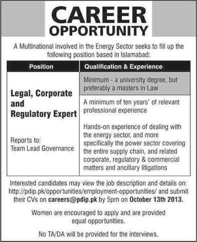 USAID Power Distribution Program (PDIP) Pakistan Job for Legal, Corporate & Regulatory Expert 2013