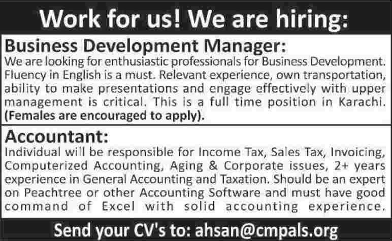 Business Development Manager & Accountant Jobs in Karachi 2013 November Latest at CMPALS