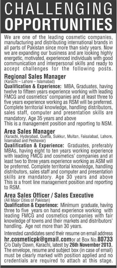 Regional / Area Sales Manager & Sales Officer / Executive Jobs in Pakistan 2013 November at a Cosmetics Company