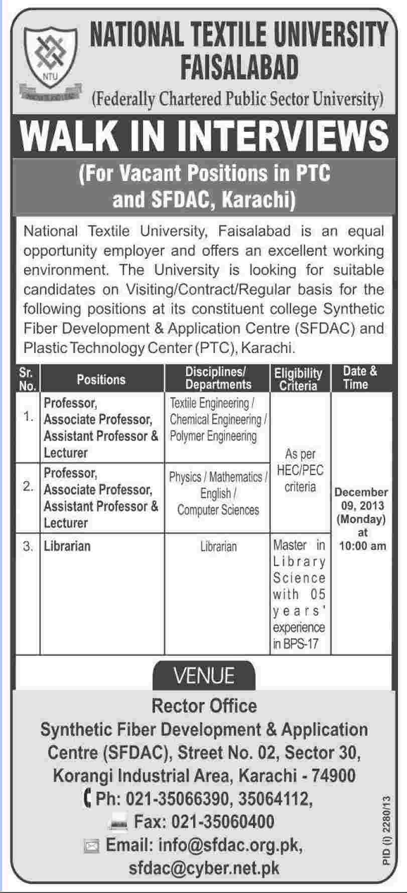 National Textile University Jobs 2013 December for Assistant / Associate / Professors / Lecturers & Librarian