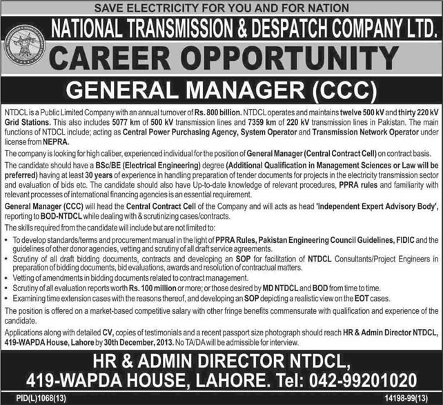 NTDC WAPDA Lahore Jobs 2013 December for General Manager Central Contract Cell