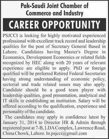 Pak Saudi Joint Chamber of Commerce and Industry Jobs in Lahore 2014 for Secretary General