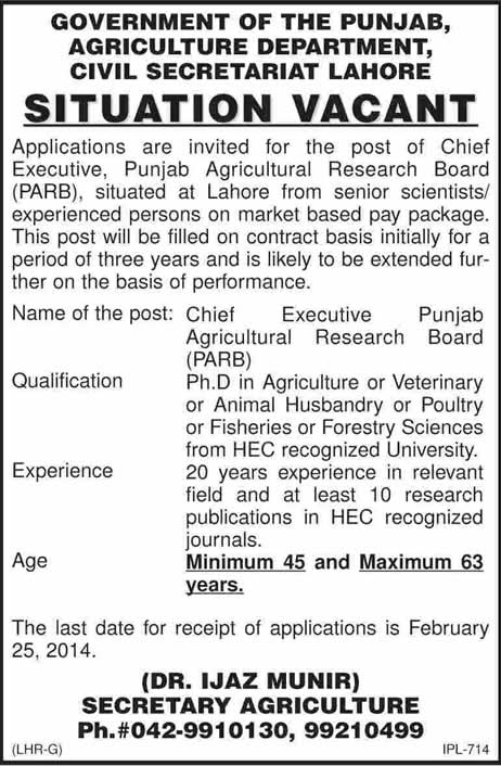 Chief Executive for Punjab Agricultural Research Board Lahore Jobs 2014