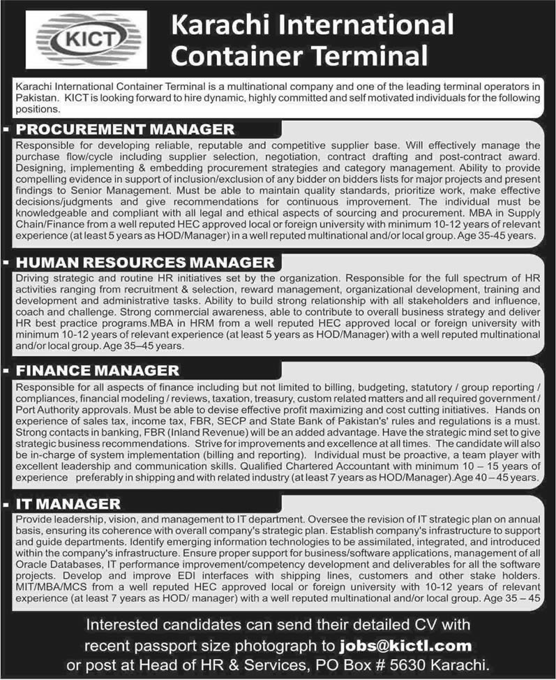 Karachi International Container Terminal Jobs 2014 for Procurement / HR / Finance / IT Managers