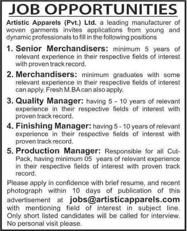 Merchandiser, Quality/ Finishing/ Production Manager Jobs 2014 at Artistic Apparels Pvt. Ltd