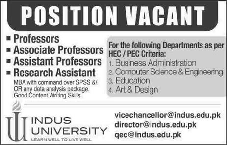 Indus University Karachi Jobs 2014 for Teaching Faculty