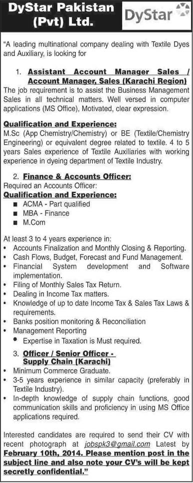 DyStar Pakistan Pvt. Ltd Karachi Jobs 2014 for Account Managers & Finance / Supply Chain Officers