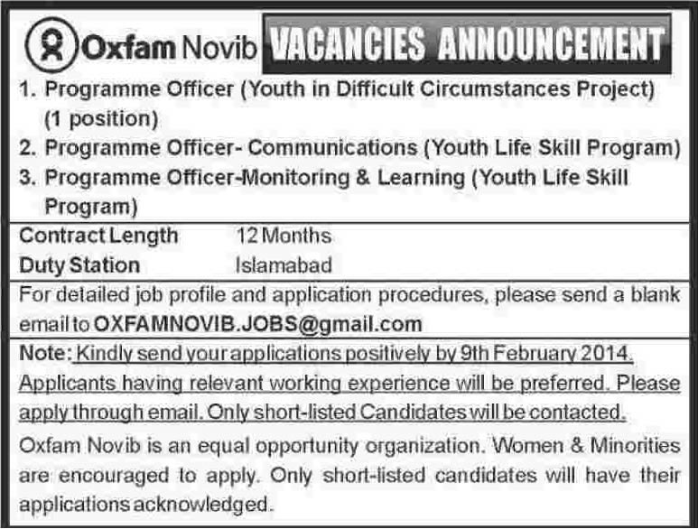 Oxfam Novib Pakistan Jobs in Islamabad 2014 for Program Officers