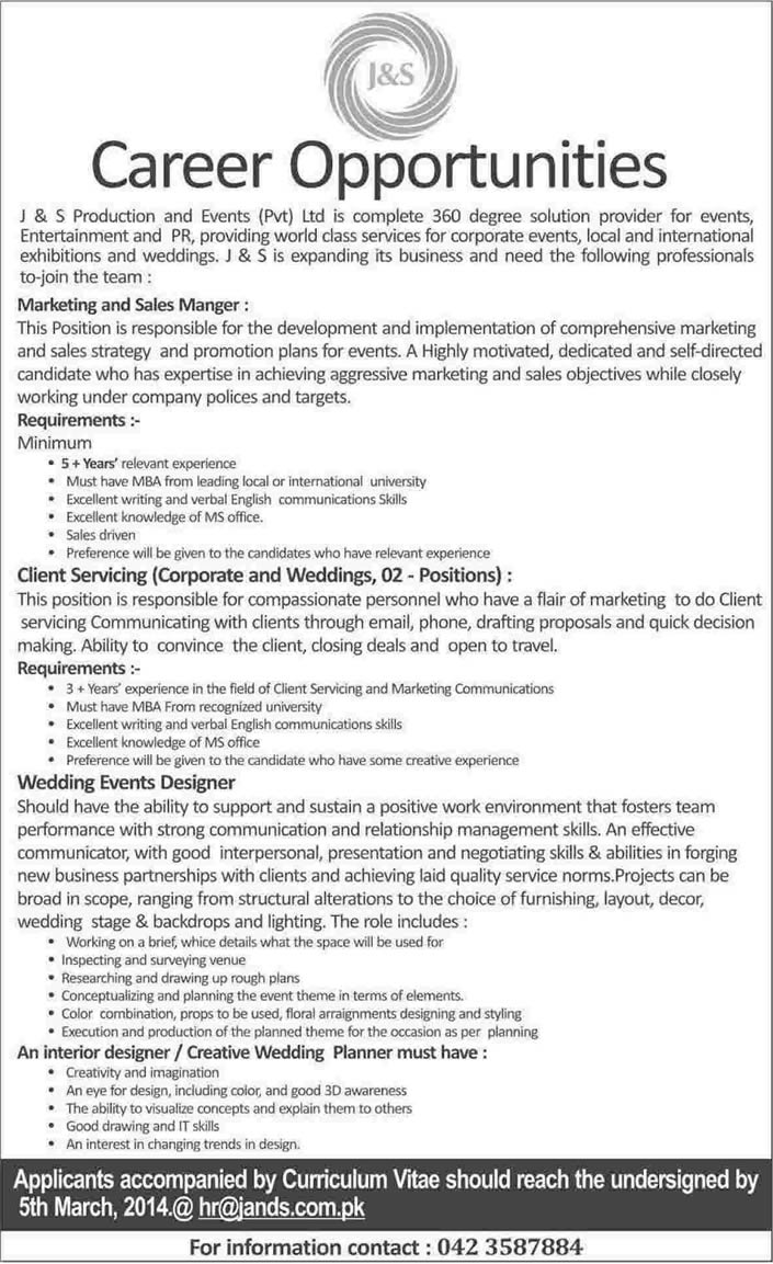 J&S Production and Events (Pvt.) Ltd Lahore Jobs 2014 February Latest