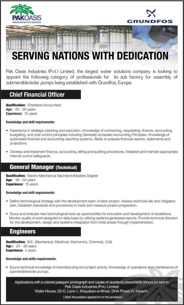 Pak Oasis Industries Pvt. Ltd Karachi Jobs 2014 February for Chief Financial Officer, General Manager & Engineers