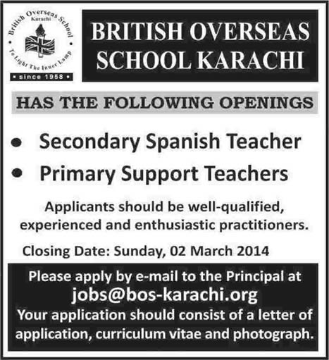 British Overseas School Karachi Jobs 2014 February for Spanish & Support Teachers