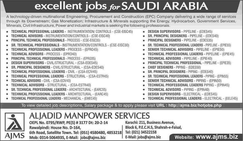 Engineering, Procurement & Construction Company Jobs in Saudi Arabia 2014 February Aljadid Manpower Services