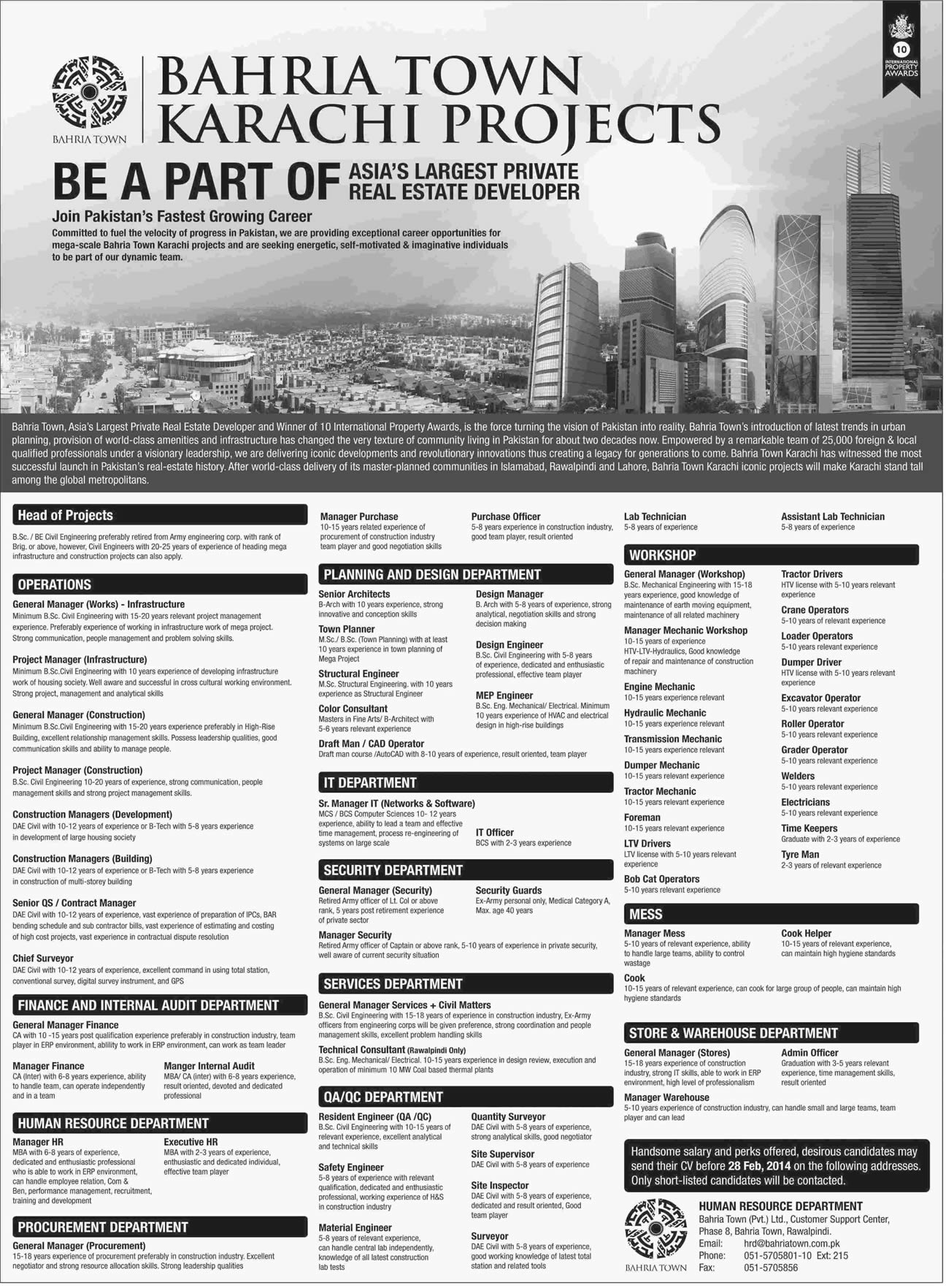 Bahria Town Karachi Project Jobs February 2014