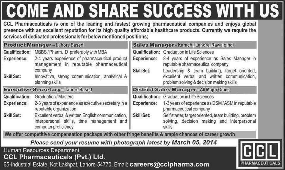 CCL Pharma Jobs 2014 February for Product / Sales Manager & Executive Secretary