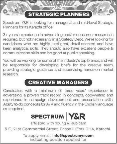 Strategic Planners & Creative Managers Jobs in Karachi 2014 February at Spectrum Y&R