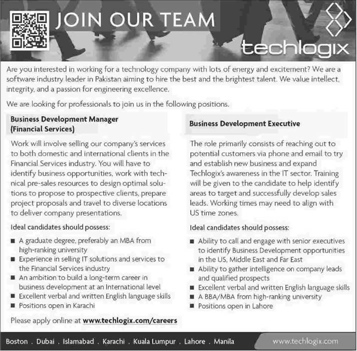 Business Development Manager / Executive Jobs at Techlogix 2014 February