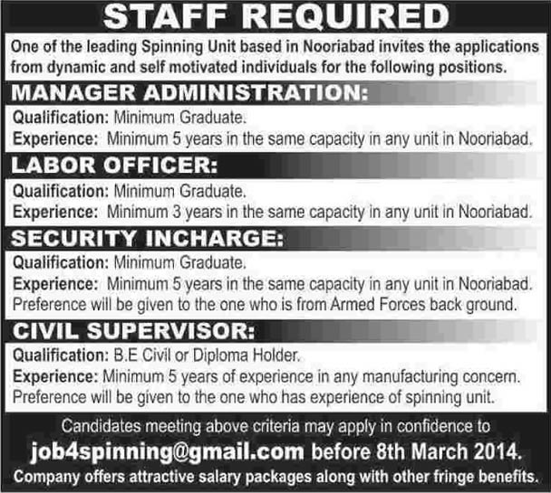 Admin Manager, Labor Officer, Security Incharge & Civil Engineer Jobs in Nooriabad Sindh 2014 March for Spinning Unit