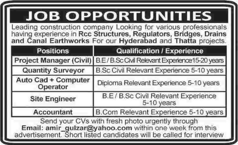 Construction Company Jobs 2014 March for Project Manager, QS, AutoCAD Operator, Site Engineer & Accountant