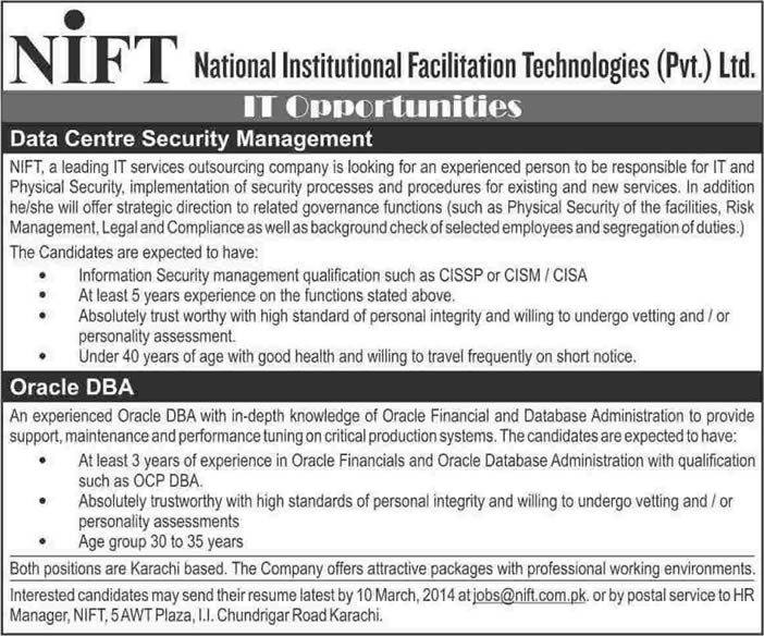 Information Security Management & Oracle DBA Jobs in Karachi 2014 March at NIFT