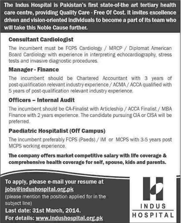 Indus Hospital Karachi Jobs 2014 March for Cardiologist, Finance Manager, Audit Officers & Pediatric Hospitalist