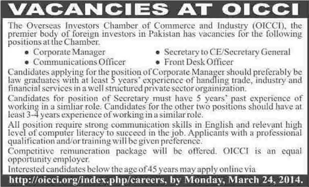 OICCI Pakistan Jobs 2014 March for Corporate Manager, Secretary, Communication Officer & Receptionist
