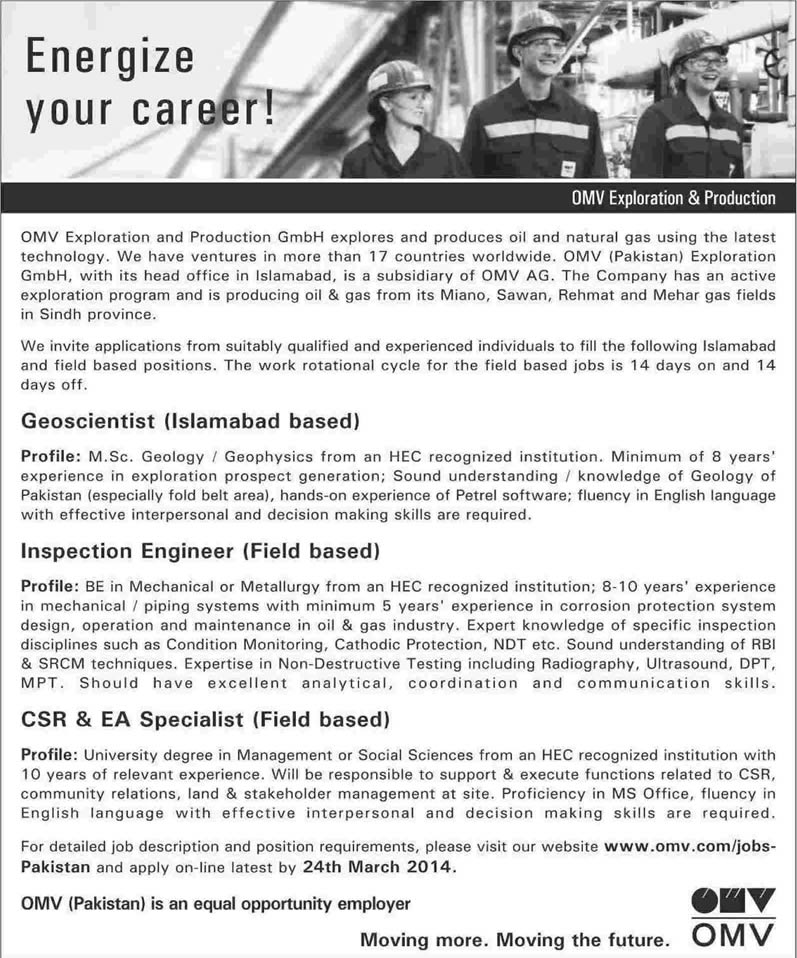 OMV Pakistan Jobs 2014 March for Geoscientist, Inspection Engineer, CSR & EA Specialist