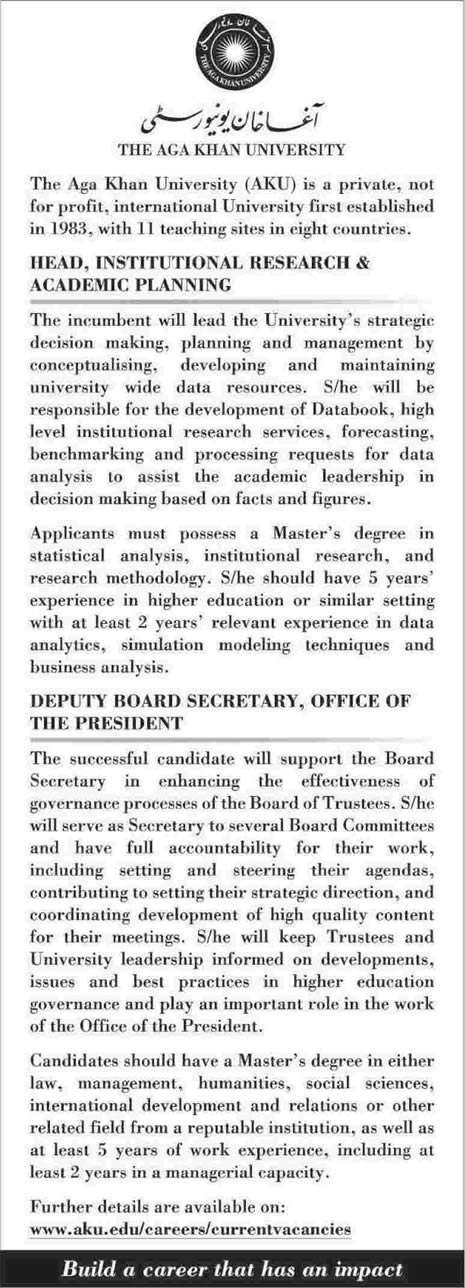 Aga Khan University Jobs 2014 March for Institutional Research & Academic Planning Head, Deputy Board Secretary