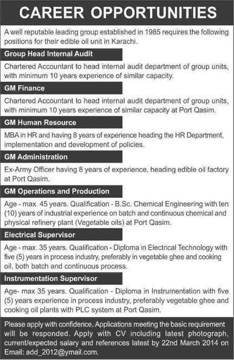 Jobs in Karachi 2014 March for Managers, Internal Auditor, Electrical & Instrumentation Engineers