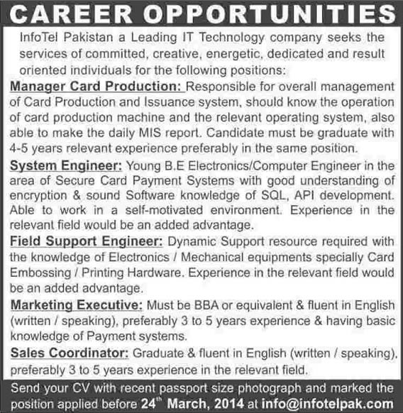 Infotel Pakistan Jobs 2014 March for Manager, Marketing & Sales Executives & Engineers